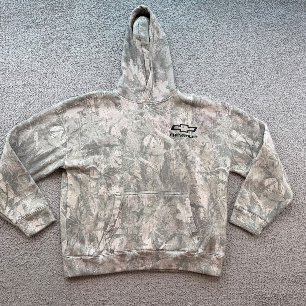 Hollister Chevrolet Camo Boxy Fit Hoodie Mens Medium Grey Leaf Print Chevy Logo